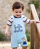 Babyhug 100% Cotton Knit Half Sleeves Striped & Bear Text Printed Dungaree With Inner Tee - Light Blue