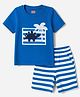 Babyhug Interlock Knit Half Sleeves T-Shirt & Striped Shorts With Dino Print - Blue