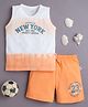 BUMZEE Cotton Knit Sleeveless Tie & Dye With Text Printed T-Shirt & Short Sets - Orange & Off White
