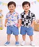 Googo Gaaga Cotton Woven Pack Of 2 Half Sleeves Smiley Checked & Dinosaurs Printed Shirt & Shorts Set - White & Black