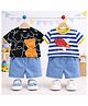 Googo Gaaga Cotton Knit Pack of 2 Half Sleeves Teddy Bear & Rocket Ship Printed Tees & Shorts Set - Black & Blue