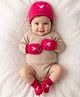 Doodle Poodle 100% Cotton Interlock Knit Cap Mittens & Booties with Heart Print Dark Pink - Diameter 17 cm