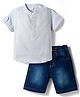 Babyhug Cotton Woven Half Sleeves Striped Kurta Style Shirt & Denim Shorts Set - Blue