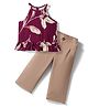 CrayonFlakes Rayon Knit Sleeveless Floral Printed Crop Top & Palazzo Set - Wine