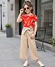 OLLINGTON ST. Set Of Woven Viscose Printed Half Sleeves Top & Culottes Set with Belt - Multicolour & Beige