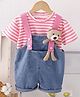 POP STREET KIDS Cotton Blend Knit Teddy Applique Detailed Dungaree With Half Sleeves Tee - Pink