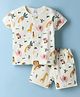 Ollypop Interlock Knit Half Sleeves Co-Ord T-Shirt & Shorts Night Suit With Animal Print - Cream