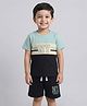 Little Ninja Cotton Knit Half Sleeves Colour Blocked NY Text Printed Tee & Shorts Set - Green