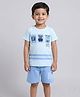 Little Ninja Cotton Knit Half Sleeves Teddy Bear & Typography Printed Tee & Shorts Set - Blue