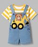 Babyhug 100% Cotton Single Jersey Half sleeves Dungarees With Bear Print Tee In Yellow Blue