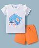 Doodle Poodle 100% Cotton Single Jersey Knit Half Sleeves Whale Printed Top & Shorts Set - White & Orange