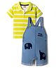 Babyhug 100% Cotton Single Jersey Knit Animal Embroidered Dungaree With Half Sleeves Striped Inner Tee - Limegreen & Blue