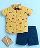 BUMZEE Cotton Woven Half Sleeves Vehicles Printed Shirt & Shorts Set With Bow - Yellow & Teal