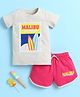 BUMZEE Cotton Knit Half Sleeves Malibu California Text Printed Tee & Shorts Set - Beige & Pink
