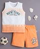 BUMZEE Cotton Knit Sleeveless Tie & Dye Typography Print Tee & Shorts Set - Orange & Off White