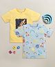 BUMZEE Cotton Knit Pack Of 2 Half Sleeves Space Theme Printed Tees - Yellow & Sky Blue