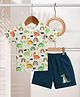 BUMZEE Cotton Knit Half Sleeves Dinosaur Printed Tee & Shorts Set - Off White & Teal Blue