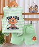 BUMZEE Cotton Knit Sleeveless Striped & Basketball Printed Tee & Shorts Set - Green & White