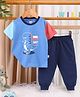 BUMZEE Cotton Knit Half Sleeves Dinosaur Printed Tee & Joggers Night Suit - Blue