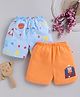 BUMZEE Cotton Knit Pack Of 2  Space Theme Printed Shorts Set - Orange & Sky Blue