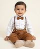 Biglilpeople Cotton Blend Woven Full Sleeves Solid Shirt & Trousers Set With Bow Tie & Suspender - Brown