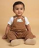 Biglilpeople Cotton Blend Woven Sleeveless Bear Embroidered Solid Dungaree  -  Brown