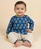 Biglilpeople Cotton Woven Full Sleeves Motifs Printed Angrakha Kurta & Dhoti Set - Blue