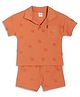 MINI KLUB Cotton Woven Half Sleeves Star Embroidered Coordinating Polo Tee & Shorts Set - Brown