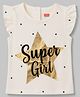 Babyhug Cotton Knit Frill Sleeves T-Shirt with Glitter Star Print - White