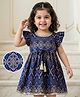 EARTHY TOUCH Cotton Knit Half Frill Sleeves Floral Foil Printed Ethnic Dress - Blue