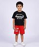 Kiddopanti Cotton Knit Half Drop Shoulder Sleeves Travel Theme Printed Tee & Shorts Set - Black & Red