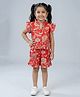 Kiddopanti Cotton Knit Frill Sleeves Floral Printed Coordinating Top & Shorts Set - Red