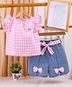 TOONYPORT Cotton Knit Frill Sleeves Butterfly Applique Detailed Checked Tee & Shorts Set - Pink
