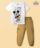 HoneyHap Disney 100% Cotton Knit Half Sleeves T-Shirt & Trouser Pant Set With Mickey Mouse Graphic - Khaki & White