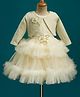 Enfance Woven Full Sleeves Layered Dress With Bow & Flower Applique Jacket - Cream