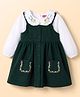 Babyhug Corduroy Woven Sleeveless Frock & Peter Pan Collared T-Shirt With Floral Embroidery - Dark Green