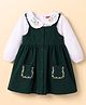Babyhug Corduroy Woven Sleeveless Frock & Peter Pan Collared T-Shirt With Floral Embroidery - Dark Green