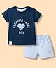 Ollypop Interlock Knit Half Sleeves T-Shirt & Shorts Set with Text Print - Blue