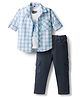 Dapper Dudes Knit Full Sleeves Checks Shirt With Tee & Trouser Set - Light Blue