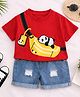 Googo Gaaga Cotton Knit Half Sleeves Fur Panda Applique Detailed Tee & Shorts Set - Red