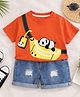 Googo Gaaga Cotton Knit Half Sleeves Fur Panda Applique Detailed Tee & Shorts Set - Orange