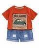 Googo Gaaga Cotton Knit Half  Sleeves Car Printed Tee & Denim Shorts - Red
