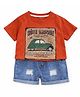 Googo Gaaga Cotton Knit Half  Sleeves Car Printed Tee & Denim Shorts - Red
