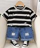 Googo Gaaga Cotton Knit Half Sleeves Striped & Panda Printed Tee & Shorts Set - Black & White