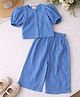 Qvink Cotton Woven Half Puffed Sleeves Textured Top & Pants Set - Blue