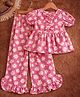 Qvink Cotton Woven Half Puffed Sleeves Floral Printed Bow Applique Detailed Coordinating Top & Pants Set - Pink