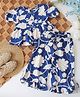 Qvink Cotton Woven Half Puffed Sleeves Floral Printed Bow Applique Detailed Coordinating Top & Pants Set - Blue