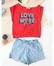 Qvink Cotton Woven Sleeveless Love More Text Printed Top & Shorts Set - Red