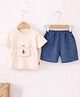 POP STREET KIDS Cotton Blend Knit Half Sleeves Pocket Applique Detailed Tee & Shorts Set - Cream