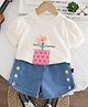 POP STREET KIDS Cotton Knit Half Puffed Sleeves Floral Applique Detailed Tee & Shorts Set - White